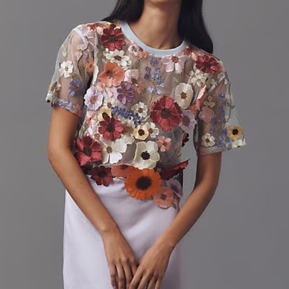 NWT Dolan Anthropologie Women’s Left Coast Flower Appliqué Sheer Tee - Picture 5 of 7